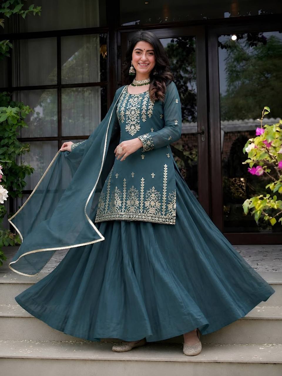 Exquisite Rama Green Peplum Kurti and Flared Skirt Set Adorned with Intricate Gold Zari Embroidery and a Matching Sheer Dupatta